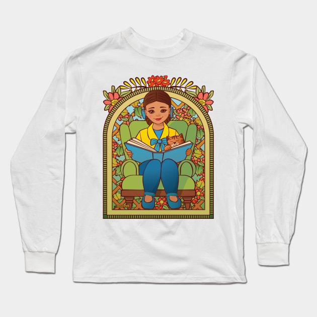 Girl Reading to Her Cat Long Sleeve T-Shirt by Sue Cervenka